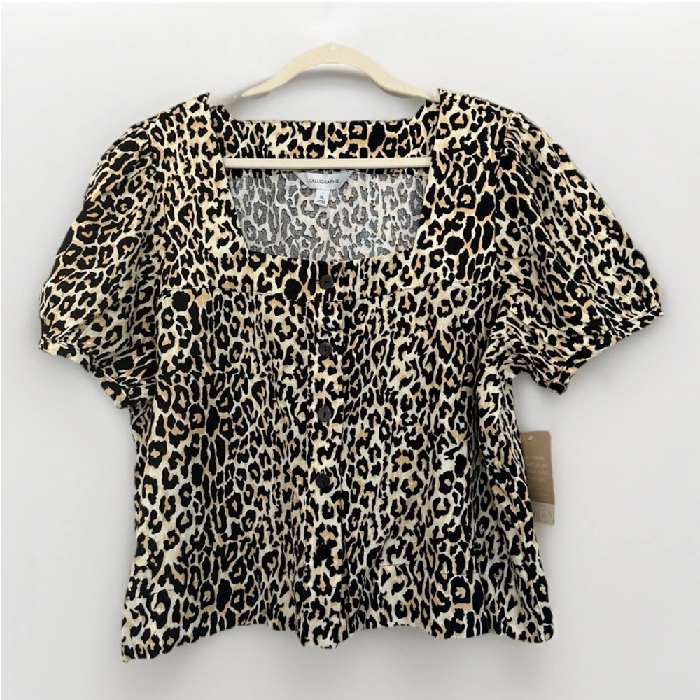 Calligraphie Leopard Print Women’s Puff Short Sleeve Top Size XL